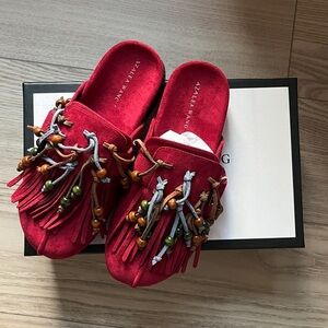 NWT Azalea Wang Abeille Burgundy Mule With Beaded Fringe (6)